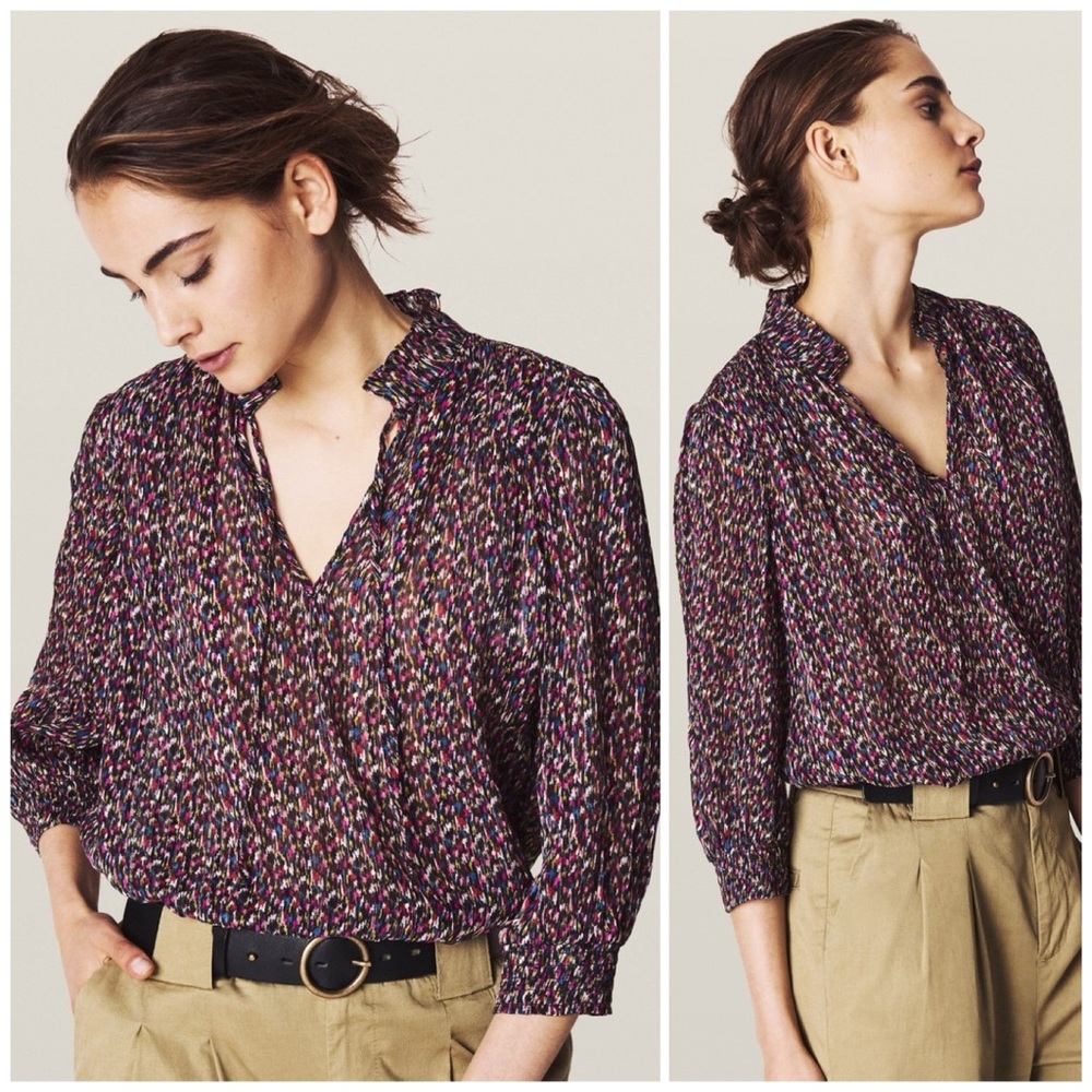 Ba&sh dalas blouse top metallic frill v neck smocked silk blouse top purple S